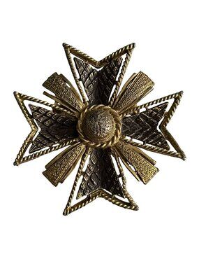 Vintage Maltese Cross Brooch Gold Tone Textured Ornate Statement Pin 2.5 Inch